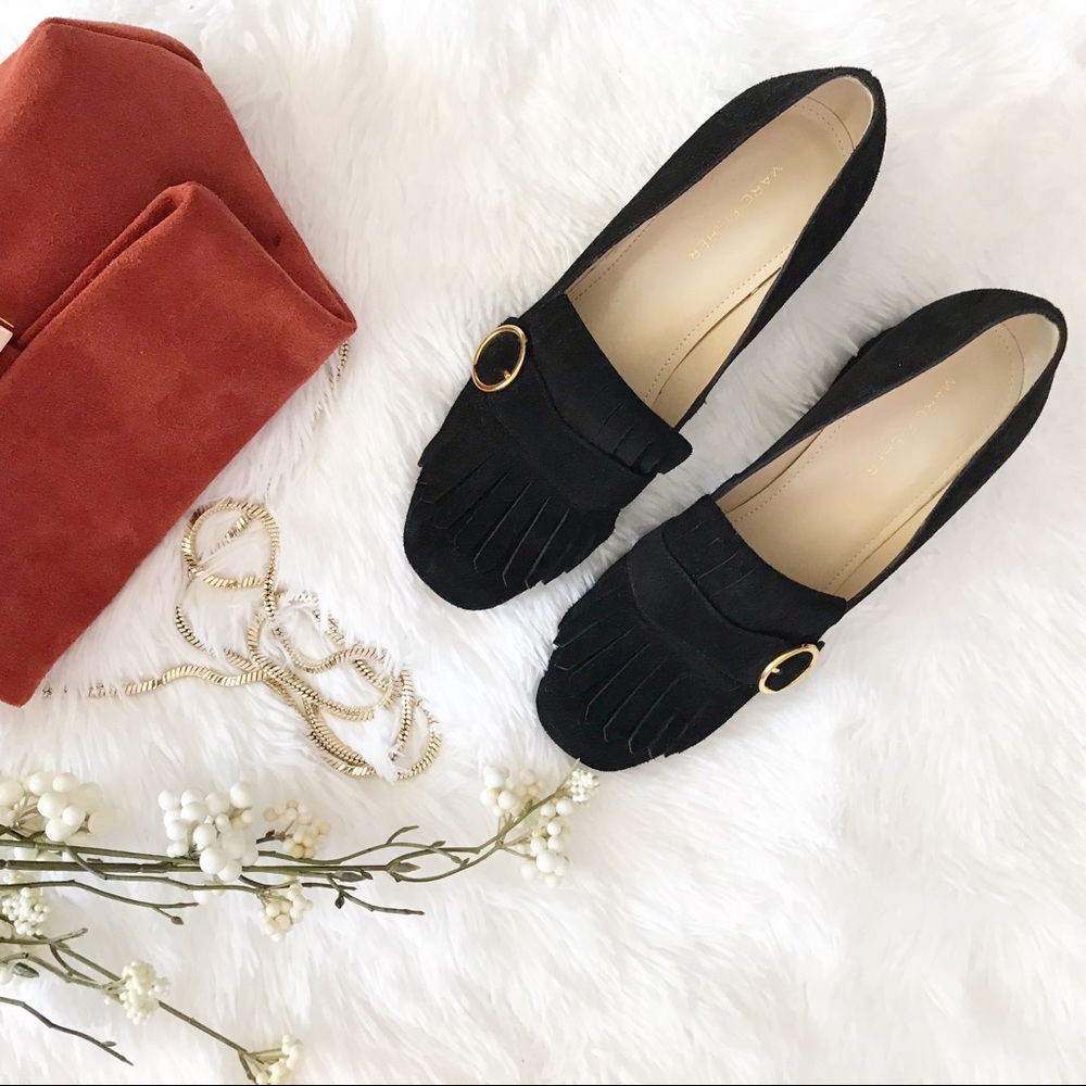 MARC FISHER Black Suede Kiltie Slip On Loafers